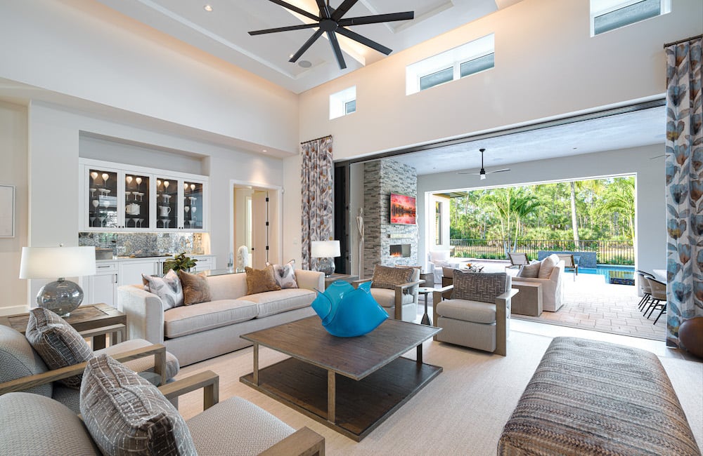 indoor family room with outdoor entertainment space